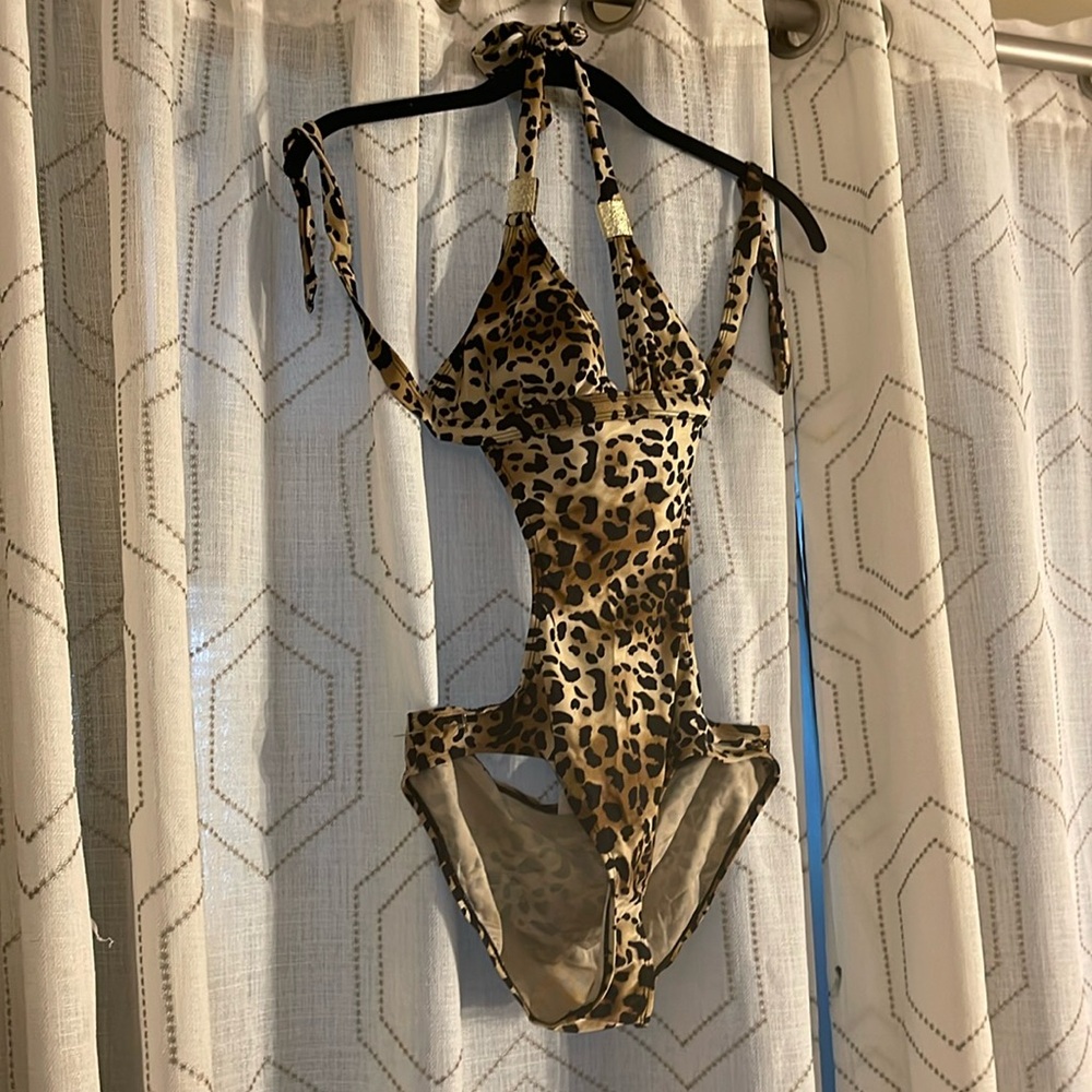Women’s S 1pc Bathing Suit Animal Print Tie Neck/Waist